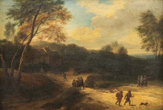 Wooded Landscape with a Farmhouse, Hikers and Peasants Conversing