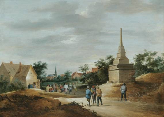 A Village Scene with Boors Conversing in the Foreground and Figures Dancing in the Background