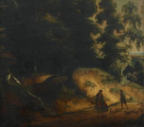 Wooded Landscape with Huntsmen and Dogs 