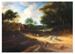 Work 1003: Summer Landscape with Houses and Figures at Forest Edge