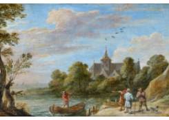 A River Landscape with Travellers by a Jetty and a Man in a Rowing Boat, a Church beyond